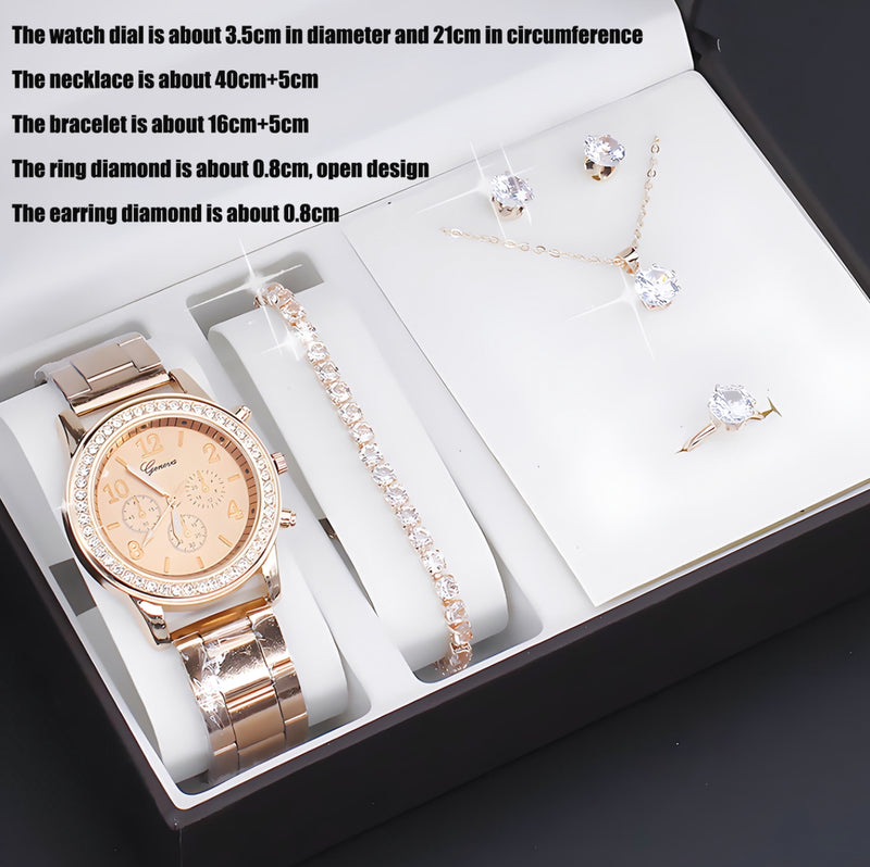 5 PCS Crystal Watch Lady Silver Accessories Necklace Bracelet Woman Gift