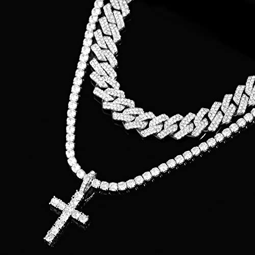 Iced Out Zirconia Cuban Link Chain Necklace, Men Cross Pendant Necklace Set, Hip Hop Bling for Men