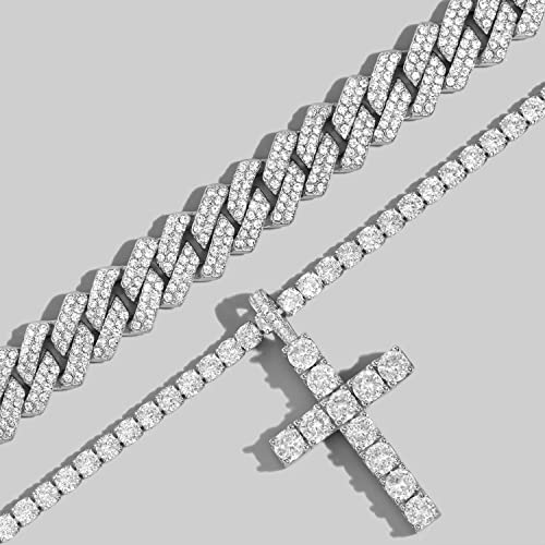 Iced Out Zirconia Cuban Link Chain Necklace, Men Cross Pendant Necklace Set, Hip Hop Bling for Men