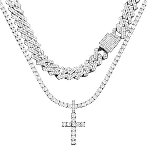Iced Out Zirconia Cuban Link Chain Necklace, Men Cross Pendant Necklace Set, Hip Hop Bling for Men