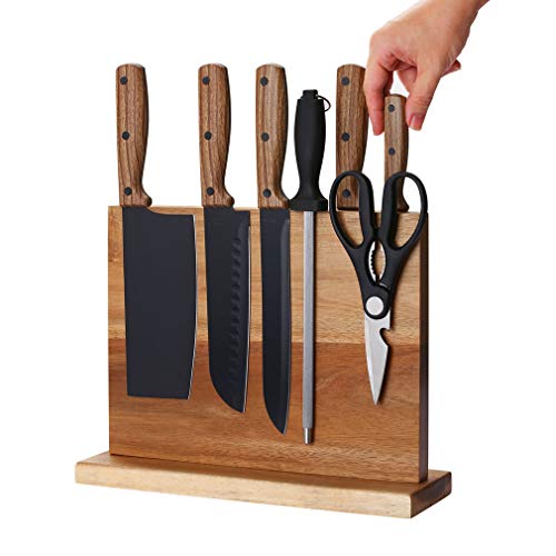 Double Sided Magnetic Wooden Knife Block, Acacia Wood Magnetic Knife Holder for Kitchen, Countertop Knife Storage Organizer