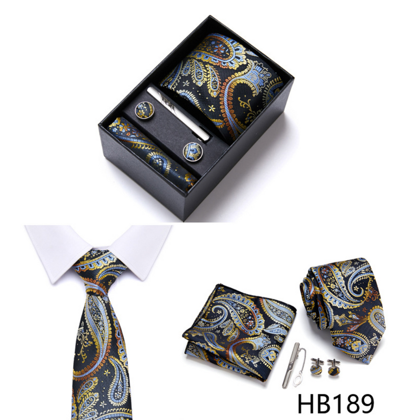 Fashion Men's Necktie Gift Box Striped Tie Handchief Cufflink Tie Clip Set