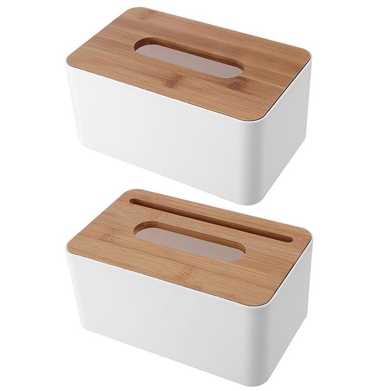 2 pcs. Plastic Napkin Box Bamboo Waterproof Box Wooden Lid Holder