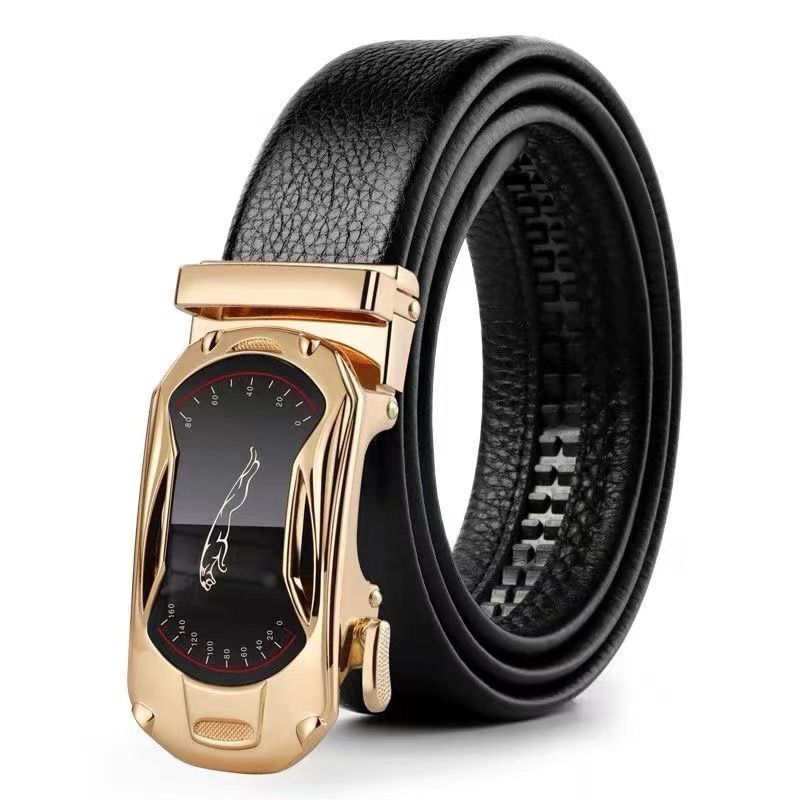 Leather Belt Men's Black Suits Ratchet Belt Metal Buckle Belt