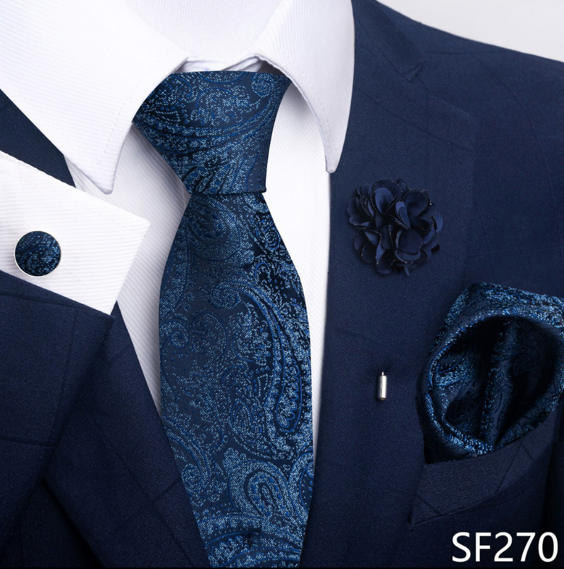 Ties Set Men Color Necktie Handkerchief Cufflinks Brooch Formal