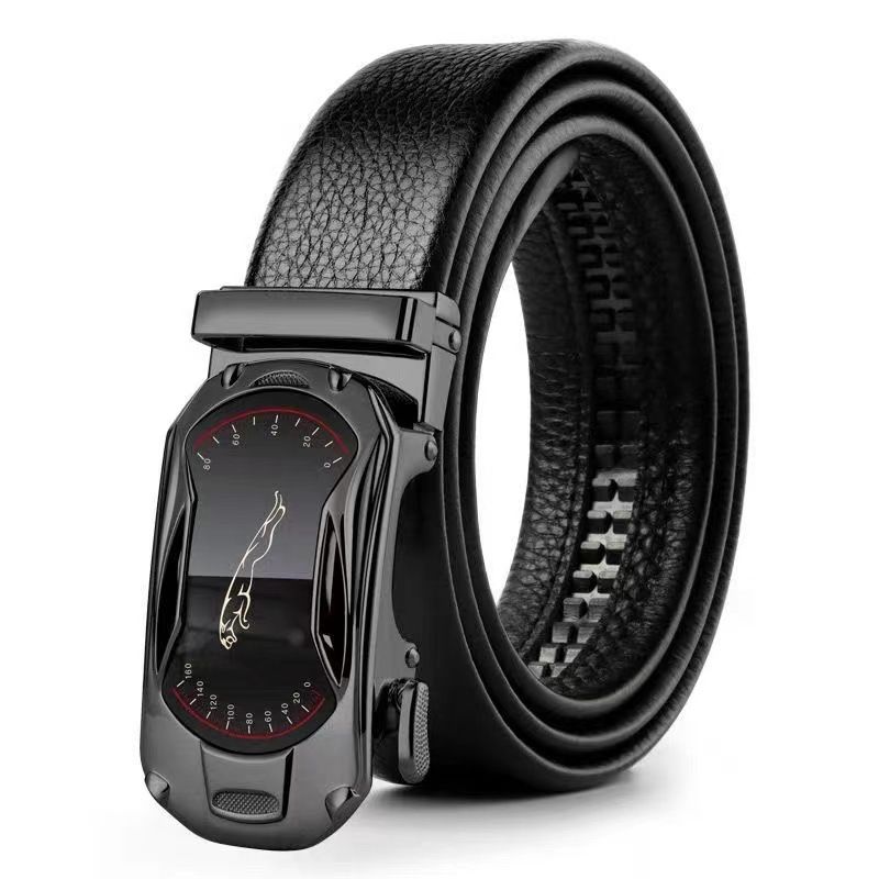 Leather Belt Men's Black Suits Ratchet Belt Metal Buckle Belt