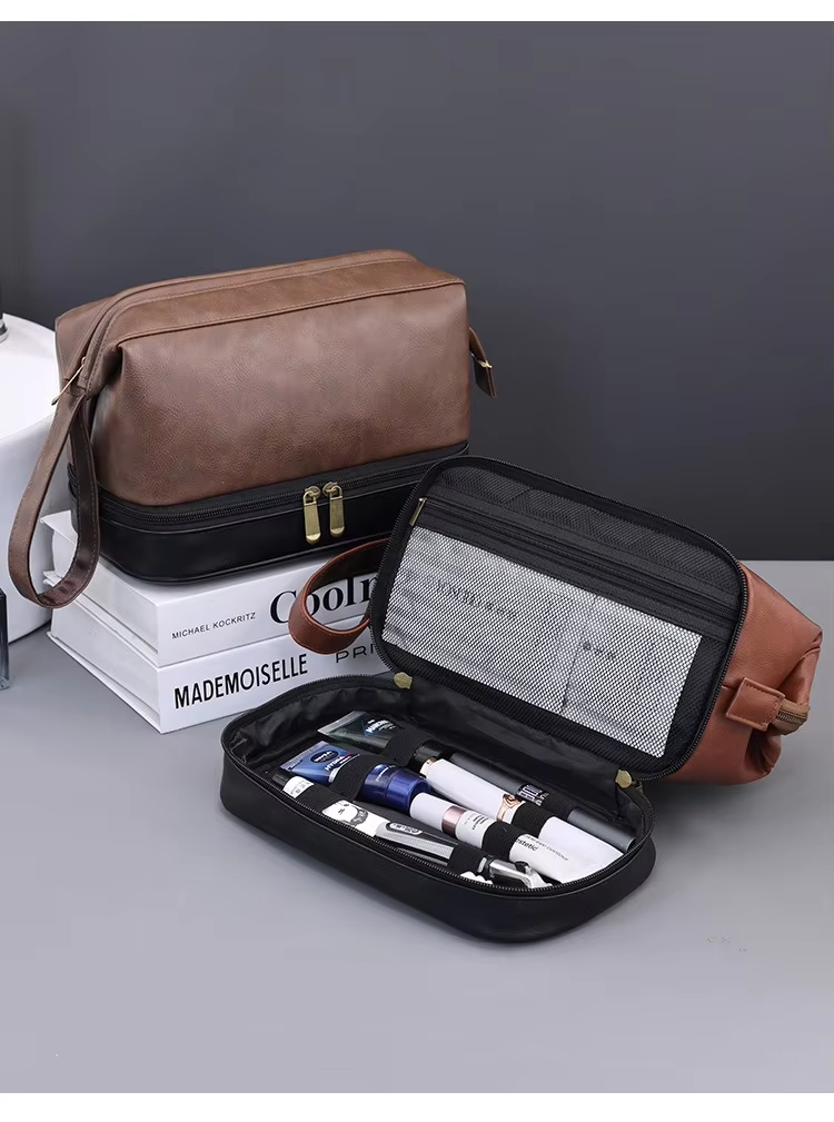 Business Trips Large Capacity Travel Toiletry Bag for Men Vintage Double Layer Design Multifunctional Portable Handheld Case