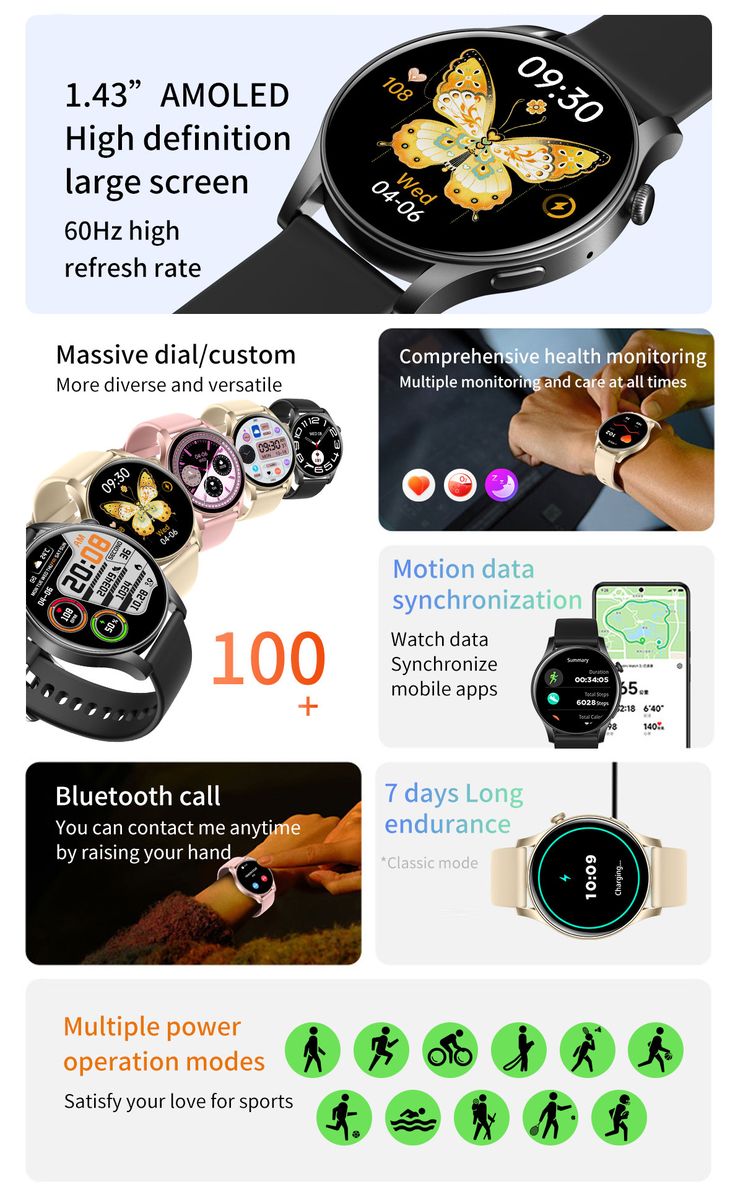 Smart Watch AMOLED Screen Fitness Tracker & Bluetooth Call - Silicone strap