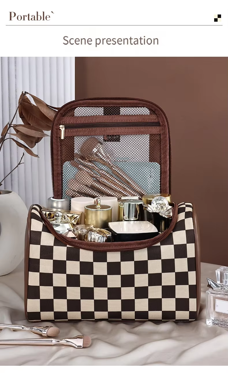 Handheld and Portable Checkerboard Patterned Makeup Bag with Large Capacity and Mesh Compartment
