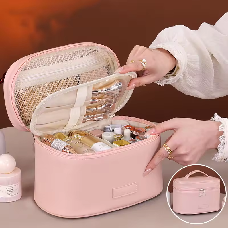 Womans Fashion Luxury Genuine Large PU Leather Waterproof Makeup Cosmetic Case Travel Makeup Storage Bag