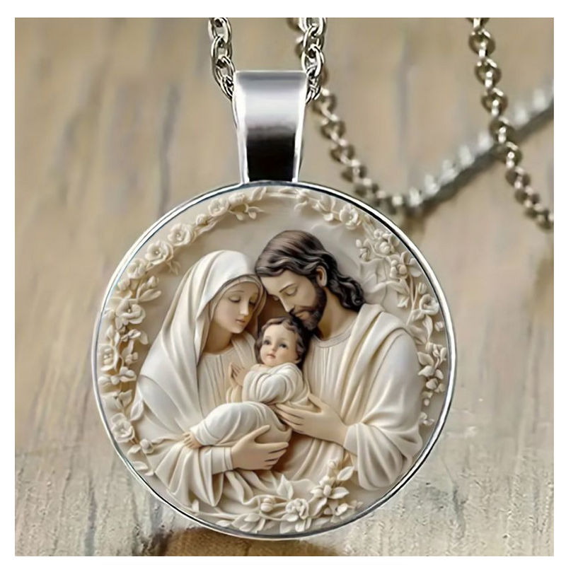 Family Glass Pendant Necklace Catholic Saint Joseph Virgin Mary Jesus