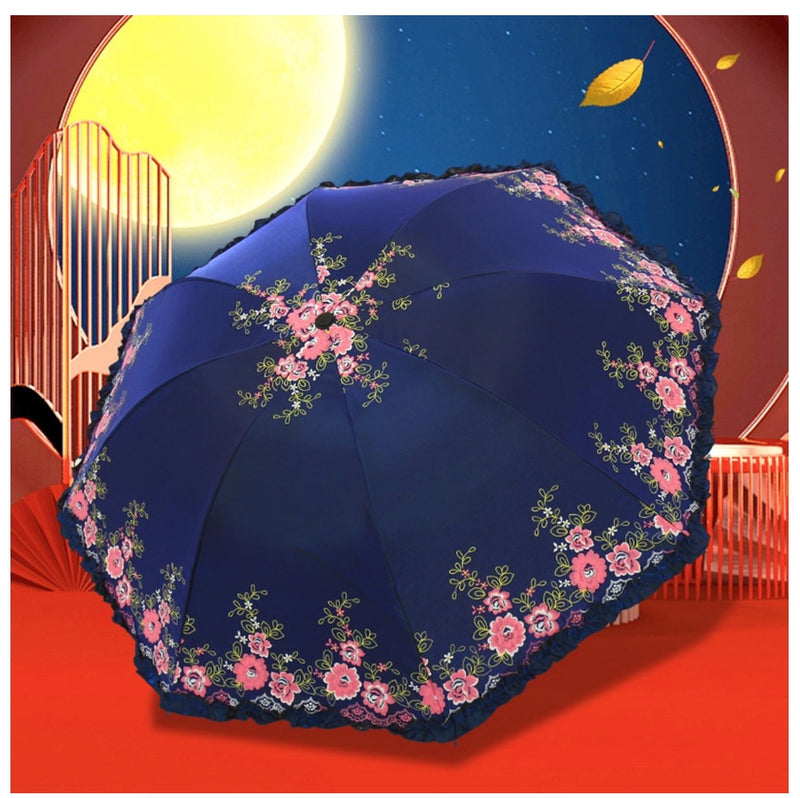 Folding Umbrella UPF50+ Flower Embroidery Umbrella Princess Umbrella