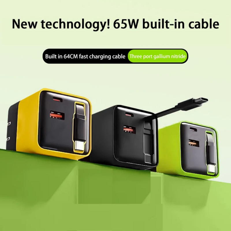 65W Fast Quick Charge 3 Ports USB Type C Adapter Built In Cable Compatible With iPhone and Samsung and Xiaomi devices.