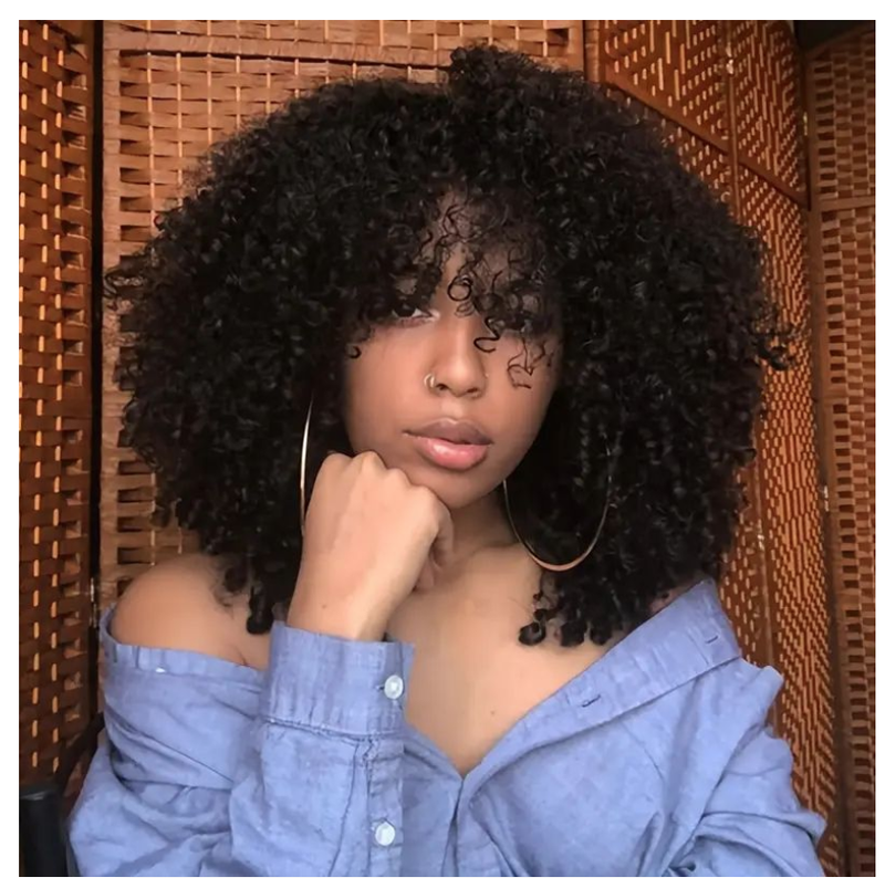 Afro Kinky Curly Hair Wigs Bangs Soft Fluffy Synthetic Fiber None Lace Wigs