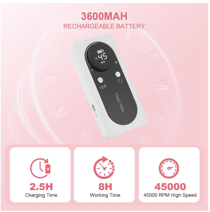 Nail Drill 45000RPM Rechargeable Set Electric Machine Polish Grind Salon