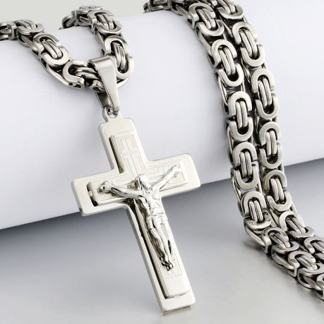 Jesus Christ Cross Pendant Necklace Stainless Steel Byzantine Chain Jewelry