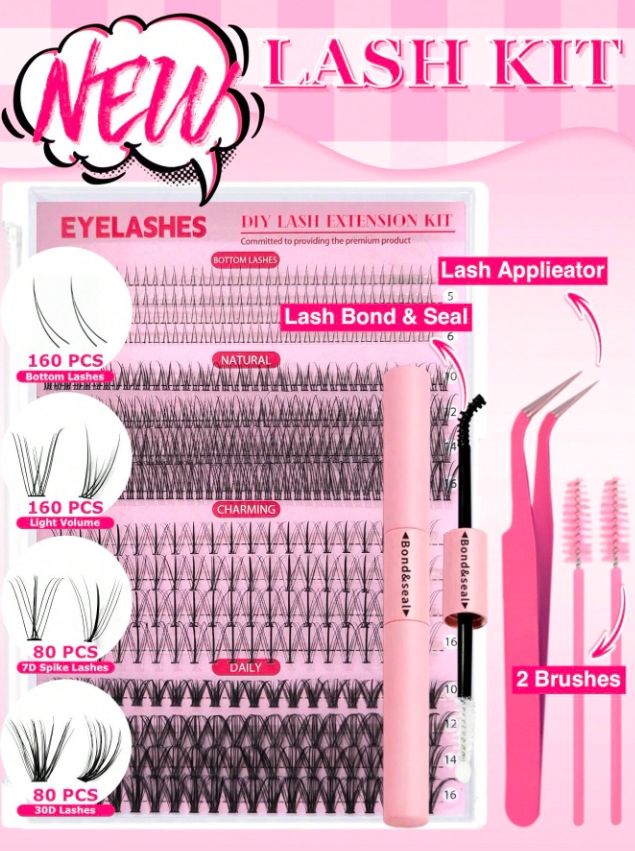DIY Eyelash Extensions Kit5-16MM Natural, Lash Clusters Kit 480Pcs Wispy Lash Glue Bond and Seal Self Application for Lash Extension Beginner