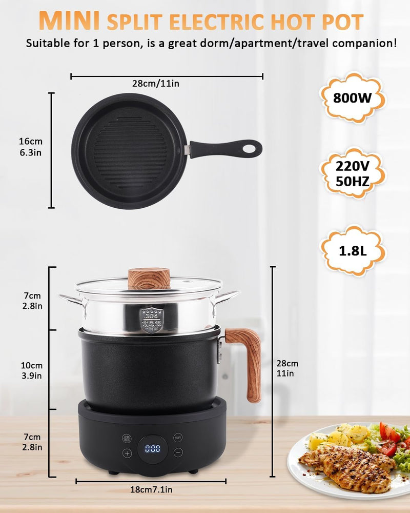 Hot Pot Mini Cooker, 1.8L Ceramic Non-Stick Frying Pan with Steamer