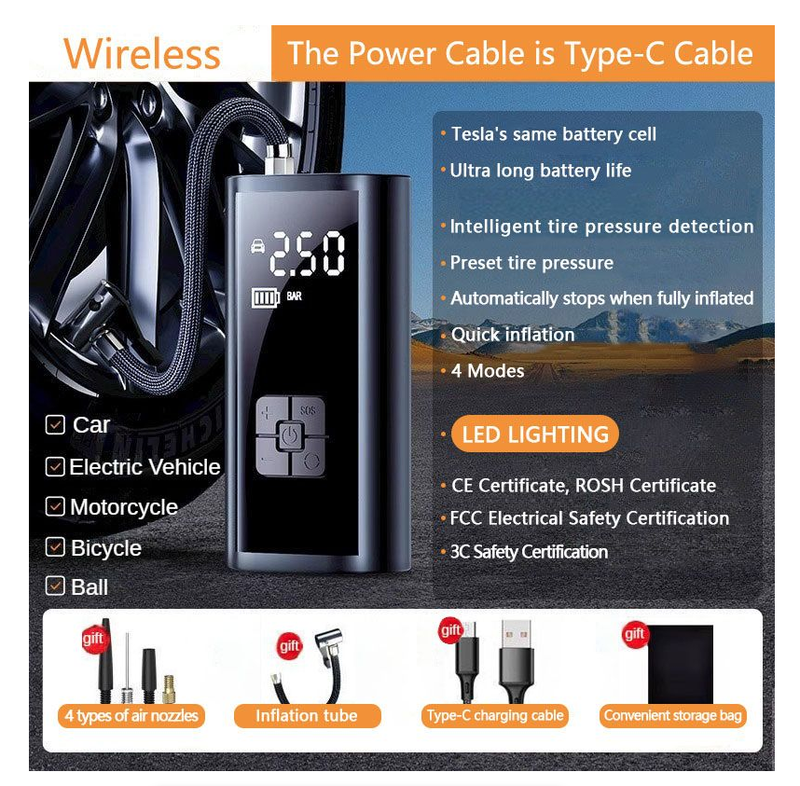 Car Air Pump Electric Tire Inflation For Car, Bicycle &  Motorcycle