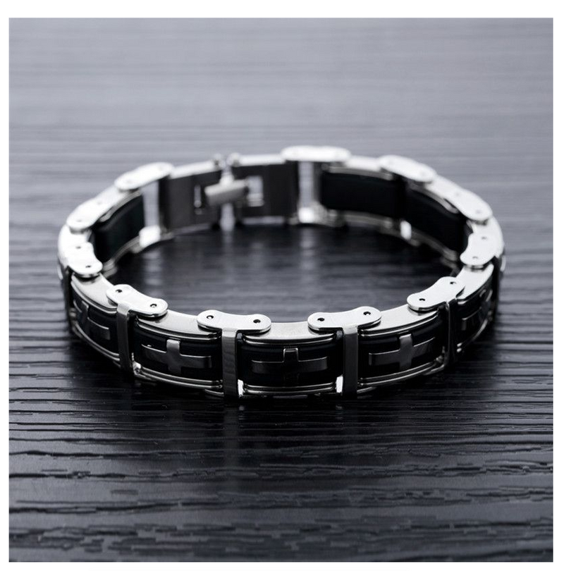 Stainless Steel Cross Symbol Charm Bracelet Men Top Quality Black Rubber