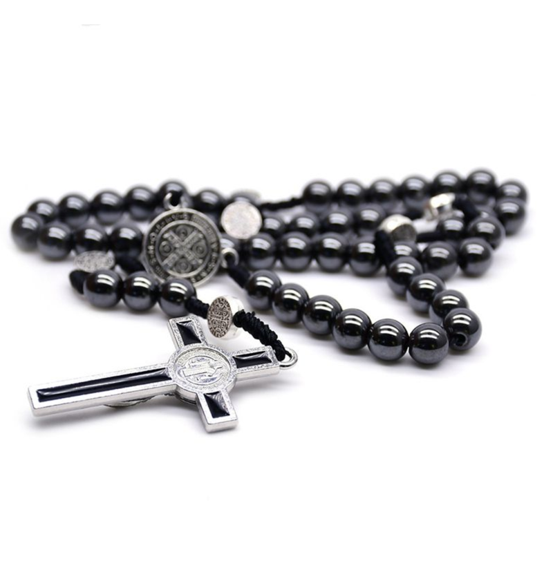 Hematite Strand Woven Crucifix Pendant Necklace Saint Benedict Rosary