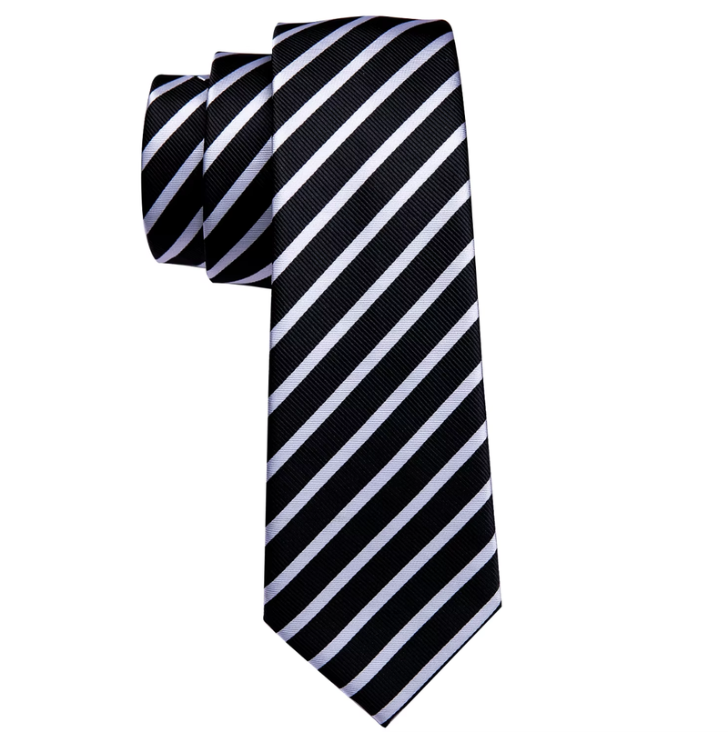 Mens Tie Jacquard Necktie Pocket Square Cufflinks Set Black White Striped