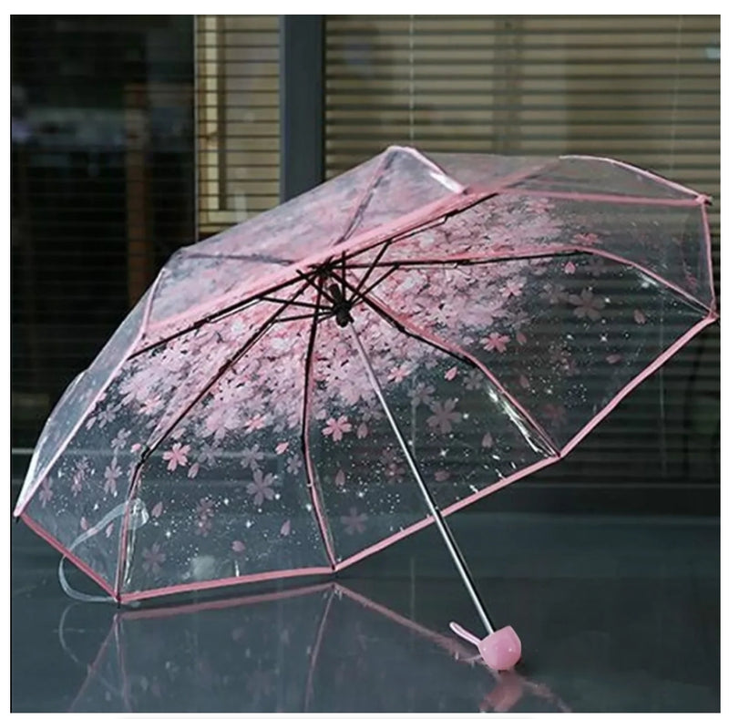 IPSTYLE Umbrella Portable Household Rain Gear Cherry Blossom Transparent Umbrella
