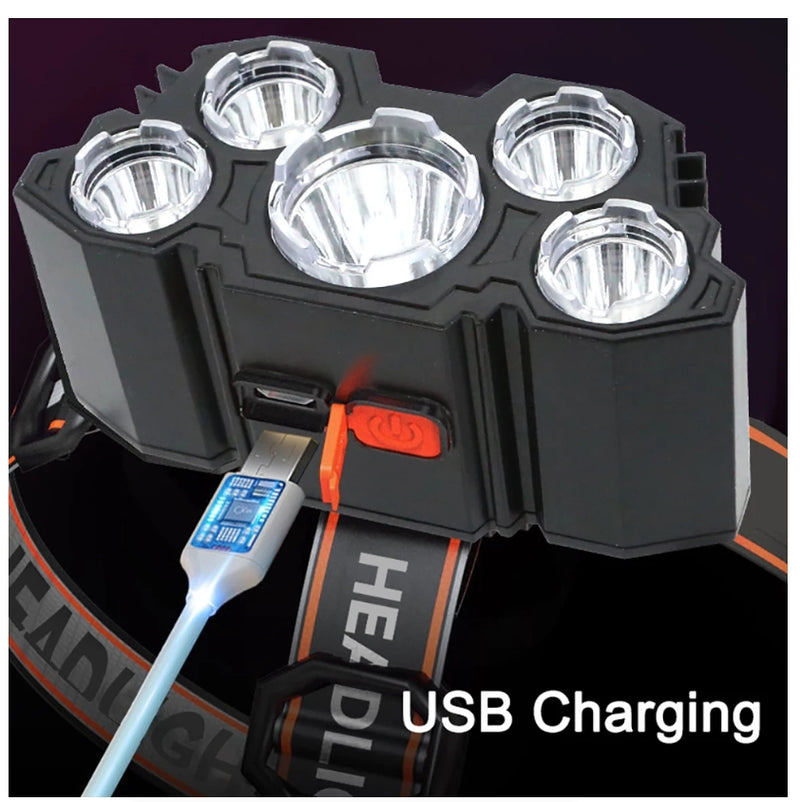 5 LED Flashlight Rechargeable Strong Light Camping Adventure Head Light
