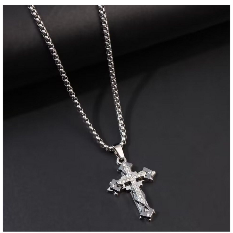 New Multilayer Cross Necklace with Diamond Pendant Stainless Steel Chain
