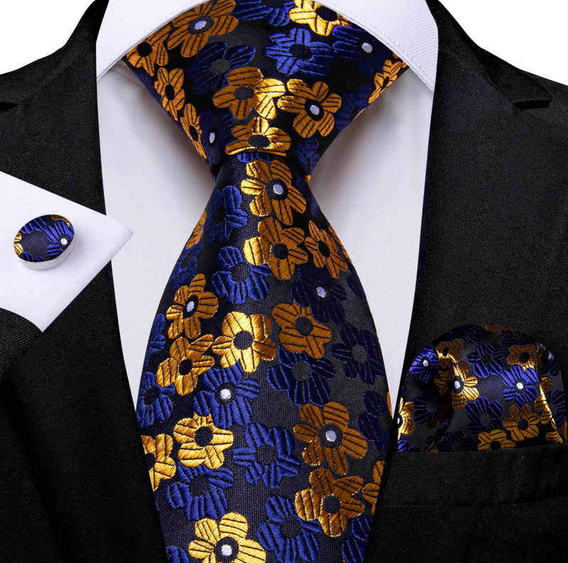 Luxury Men's Tie Necktie Pocket Square Cufflinks Set Yellow Blue Floral
