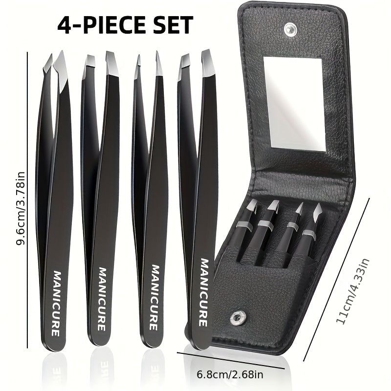 4-Piece Black Stainless Steel Tweezers Set – Precision for Lashes & Brows