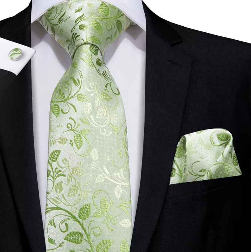 Men Silk Tie Grass Green Ties Boutonniere Handkerchief Cufflinks Set