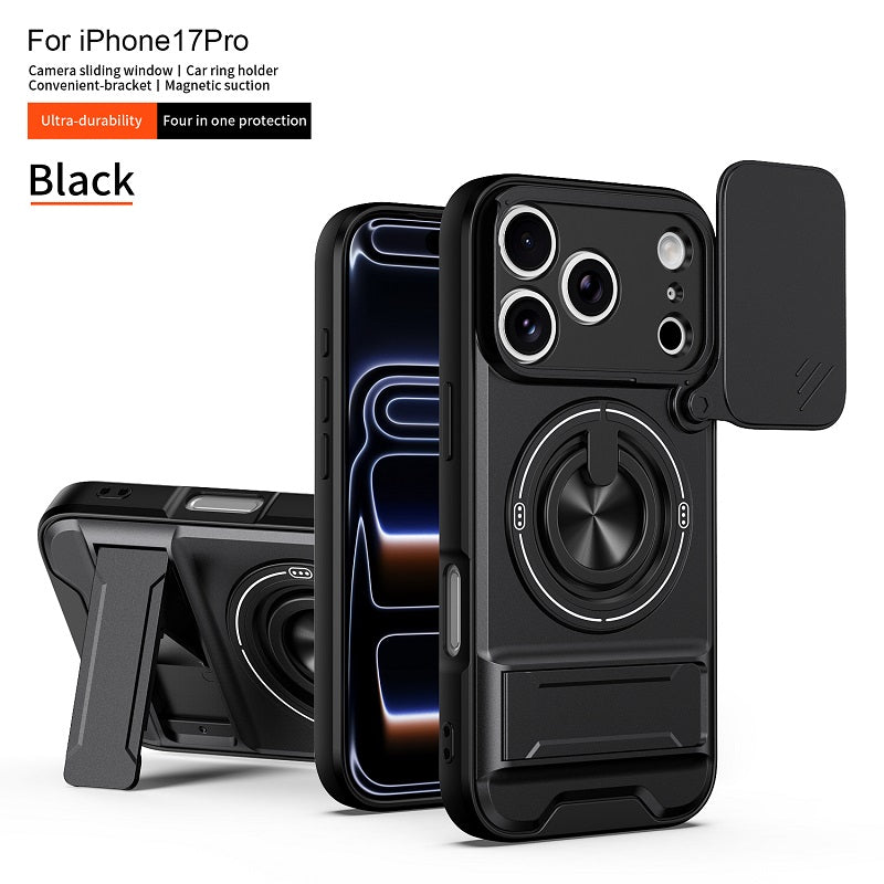 Luxury Slide Camera Lens Cover Case for iPhone 17 Pro, Built-in Ring Stand and Folding Stand Magnetic Protective Case