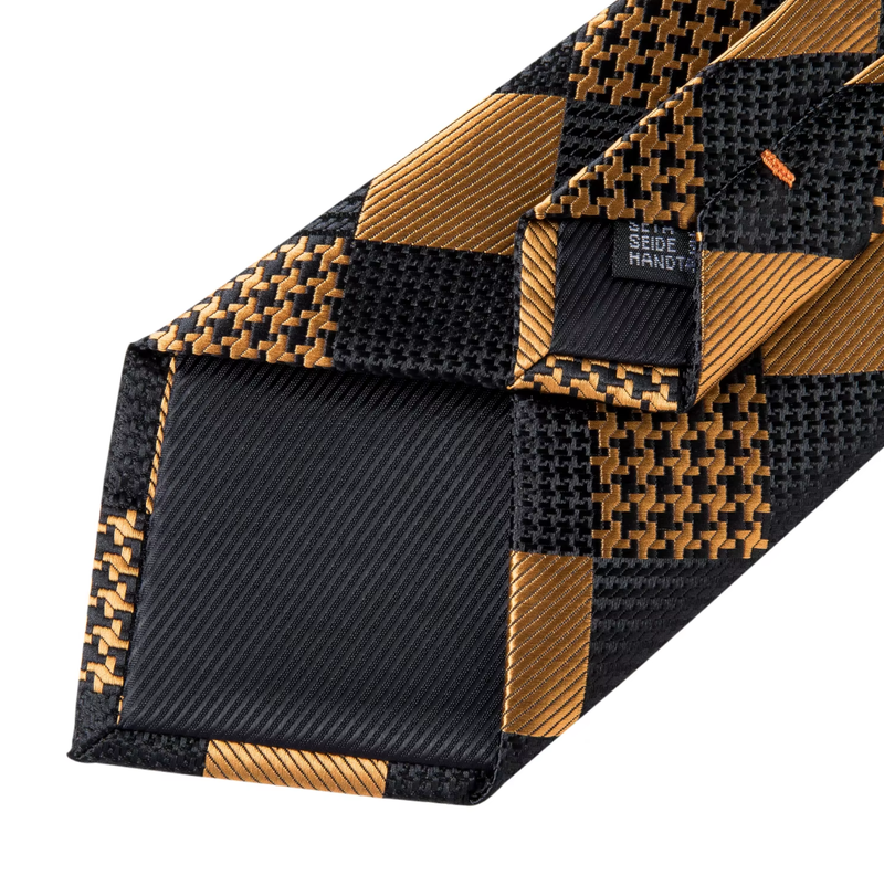 IPSTYLE Mens Tie Black Golden Jacquard Necktie Pocket Square Cufflinks Set
