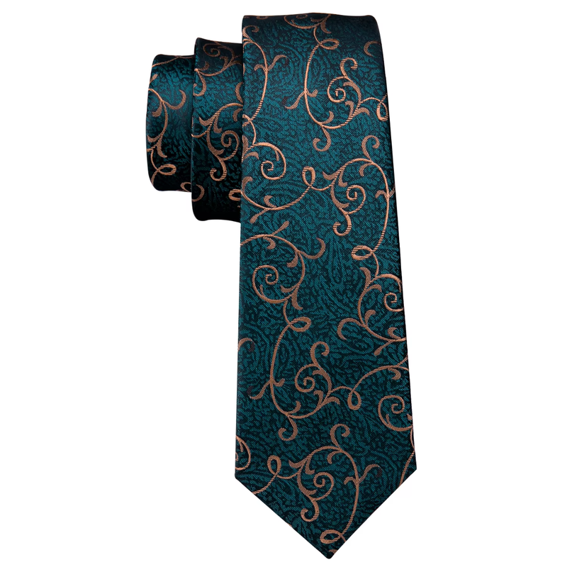 Mens Tie Jacquard Necktie Pocket Square Cufflinks Set Green Golden Vine