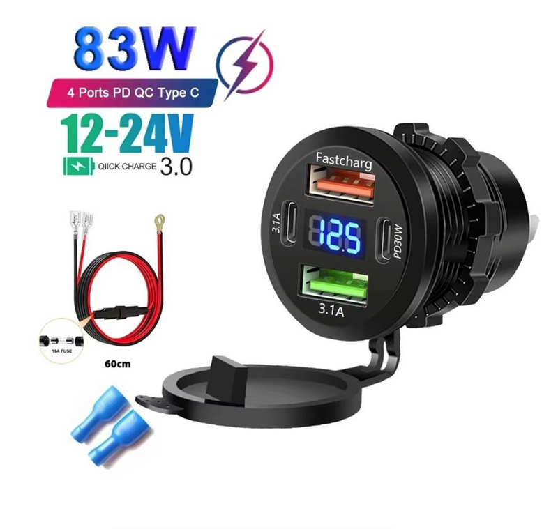 Car Charger Socket Dual Type-C & Dual USB 4Ports Fast Charging Socket