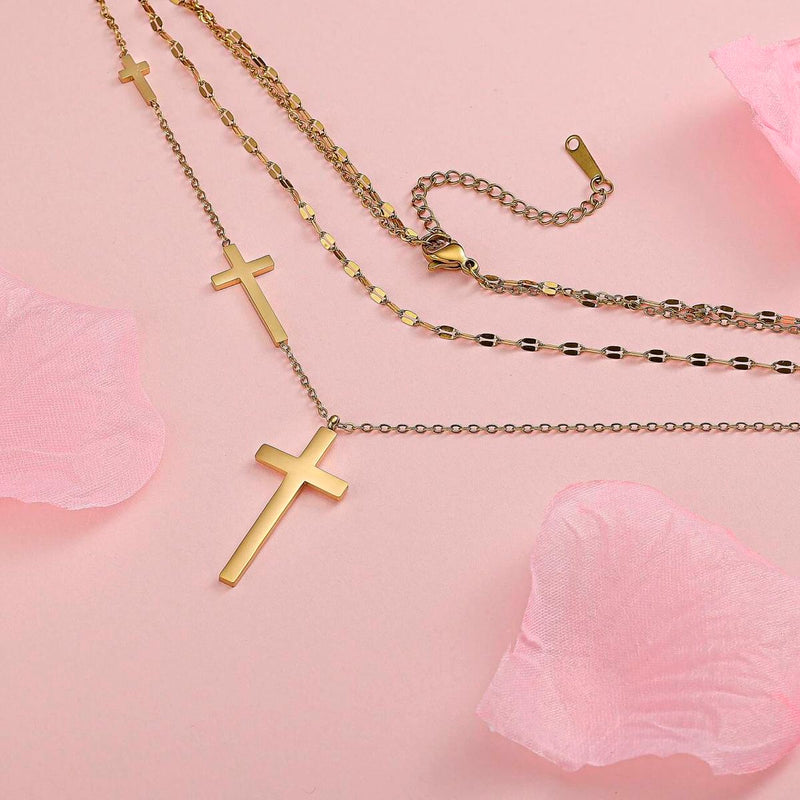 Layered Cross Necklace for Woman - Gold Titanium Steel Gift Jewelry