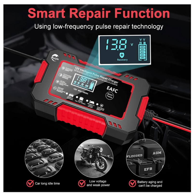 Car Battery Charger 12V 6A Pulse Repair LCD Display Smart Fast Charger