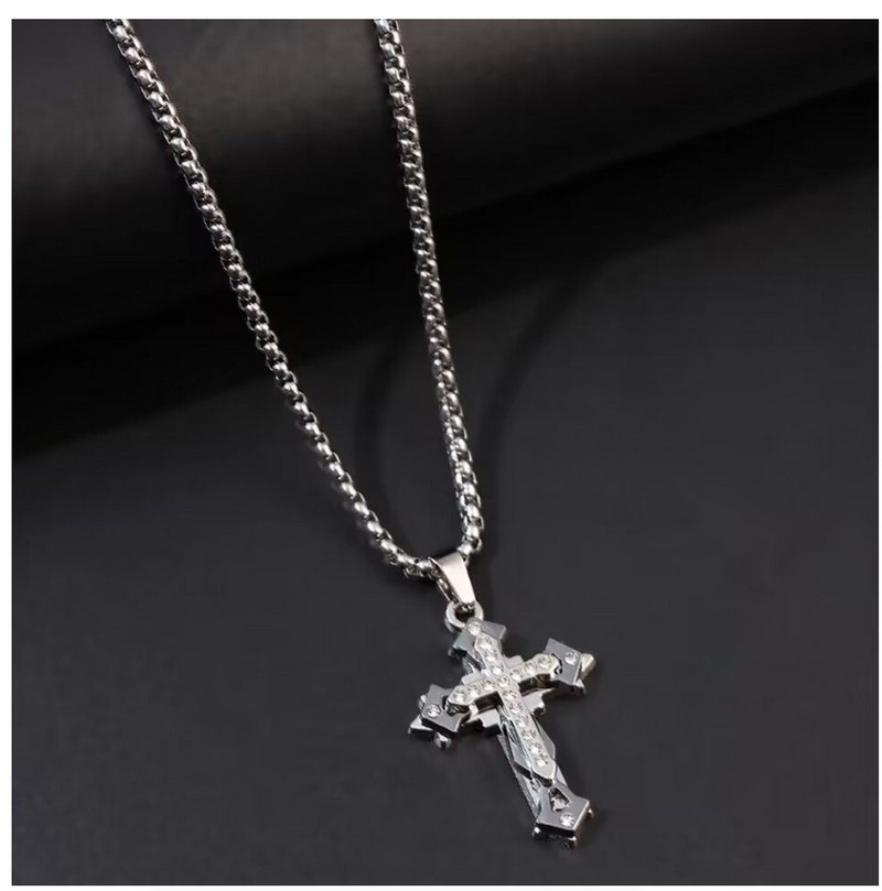 New Multilayer Cross Necklace with Diamond Pendant Stainless Steel Chain