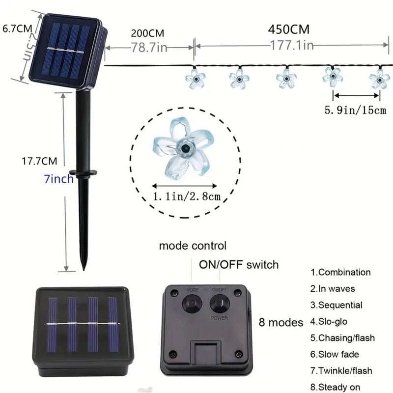 12M 100 LEDs Solar Flower String Lights 8 Modes String Lights For Garden