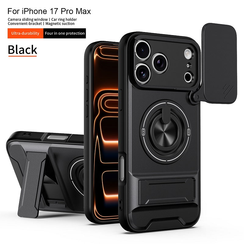Luxury Slide Camera Lens Cover Case for iPhone 17 Pro Max, Built-in Ring Stand and Folding Stand Magnetic Protective Case