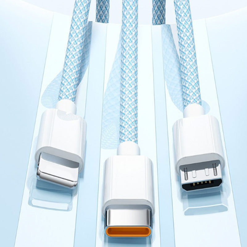 1.5M 3-In-1 Braided Fast Charging Cable, 66W USB To Type-C/Lightning/Micro USB
