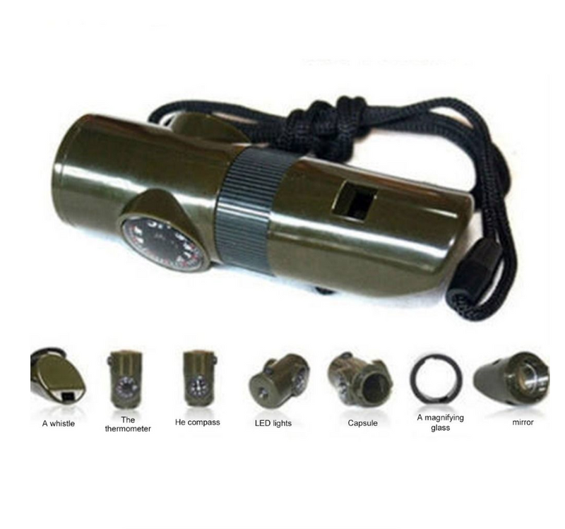 7 in 1 Jungle Survival Whistle Hiking Whistle Compass Mirror Flashlight