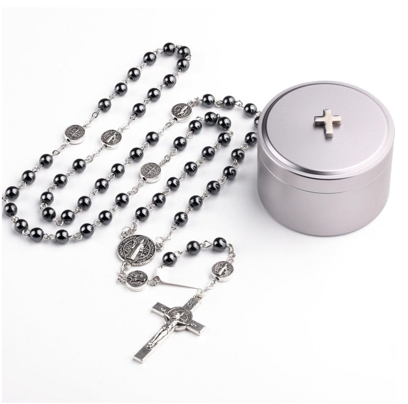 Necklace Car Ornament Black Hematite Bead Saint Benedict Medal Jesus Cross
