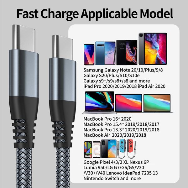65W 3A Fast Charging Cable, USB C to USB-C 1m/2m, Nylon Data Cable