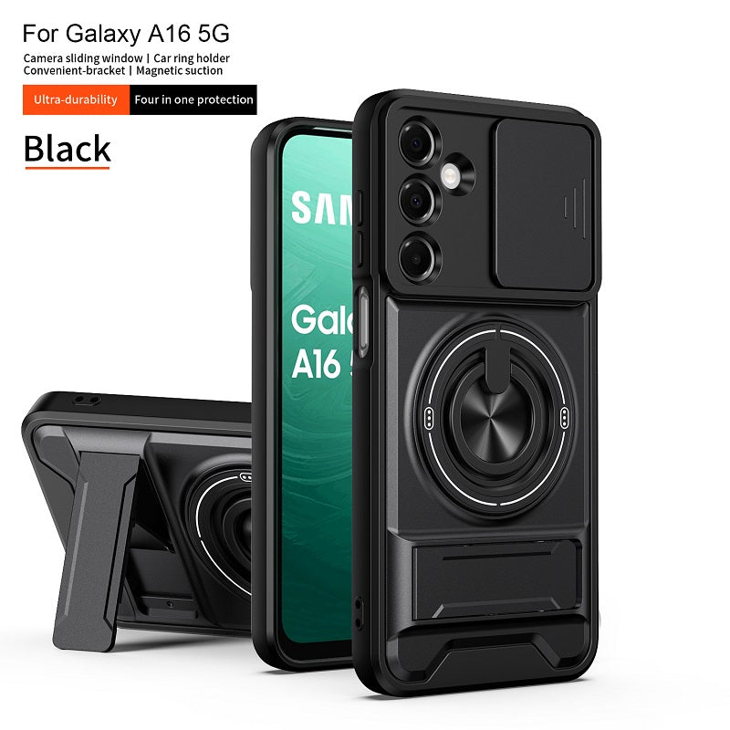 Luxury Slide Camera Lens Cover Case for Samsung Galaxy A16 5G/4G, Built-in Ring Stand and Folding Stand Magnetic Protective Case