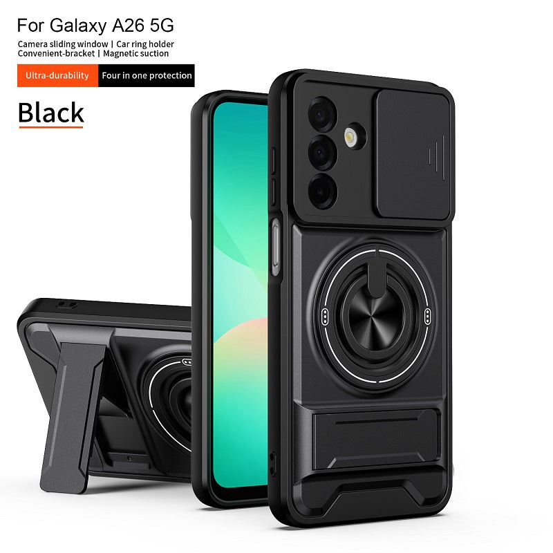 Luxury Slide Camera Lens Cover Case for Samsung Galaxy A26 5G, Built-in Ring Stand and Folding Stand Magnetic Protective Case