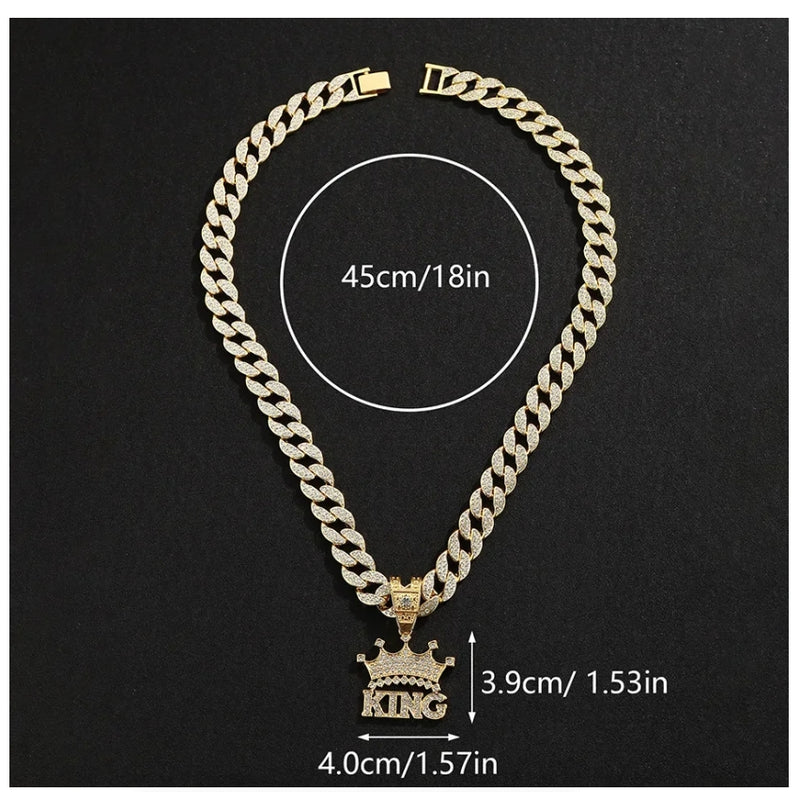 Hip Hop Crown King Pendant Necklace with 13mm Crystal Cuban Chain