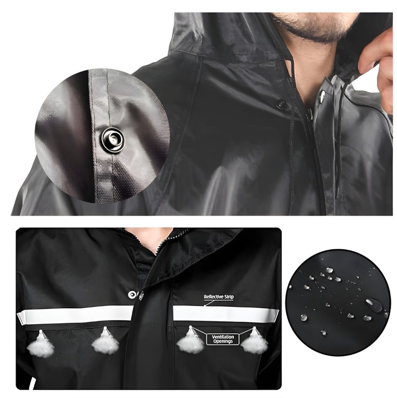 Men Raincoat with Hat Shiny Reflective Strip Long Coat Outdoor Rain Suit