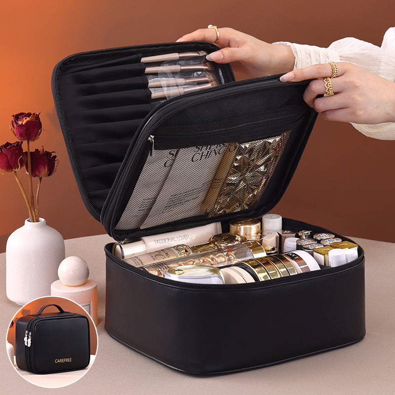 New Double Layer Makeup Bag - 4 Compartment Travel Cosmetic Organizer, Portable Toiletry Case & Multi-Function Vanity Tray